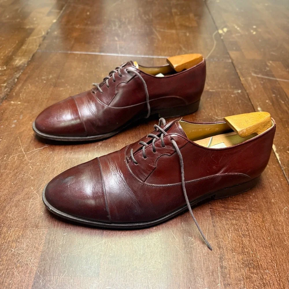Paragon Oxford Shoes Mens 9.5 Burgundy Handcrafted Leather Cap Toe Dress Shoes